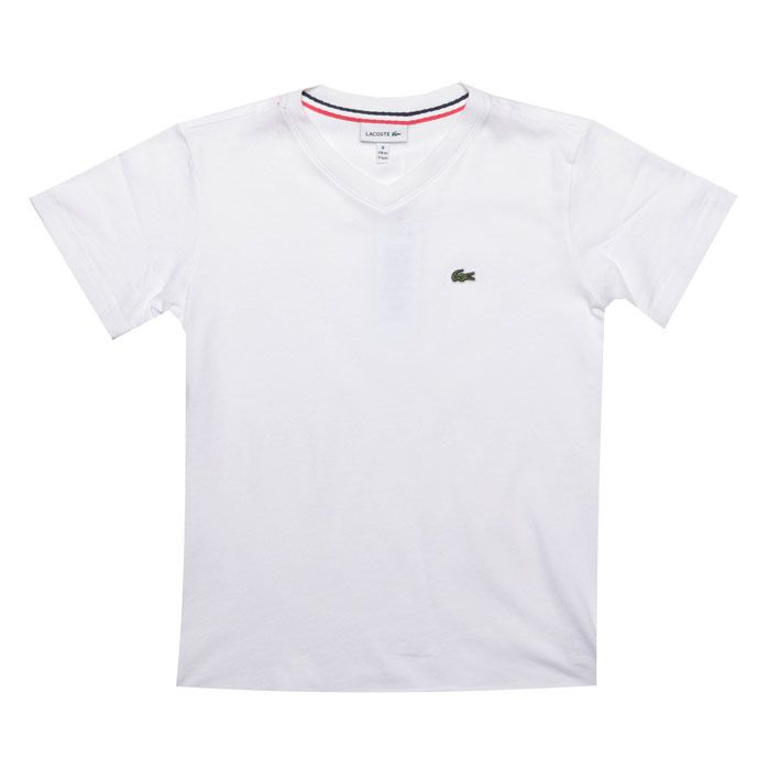 Infant Boys Lacoste Logo V Neck T-Shirt<BR><BR>- Ribbed crew neck<BR>- Cotton jersey<BR>- Tricolour band on inner neckband<BR>- Embroidered Lacoste logo to chest<BR>- 100% Cotton<BR>- Ref:TJ1441031