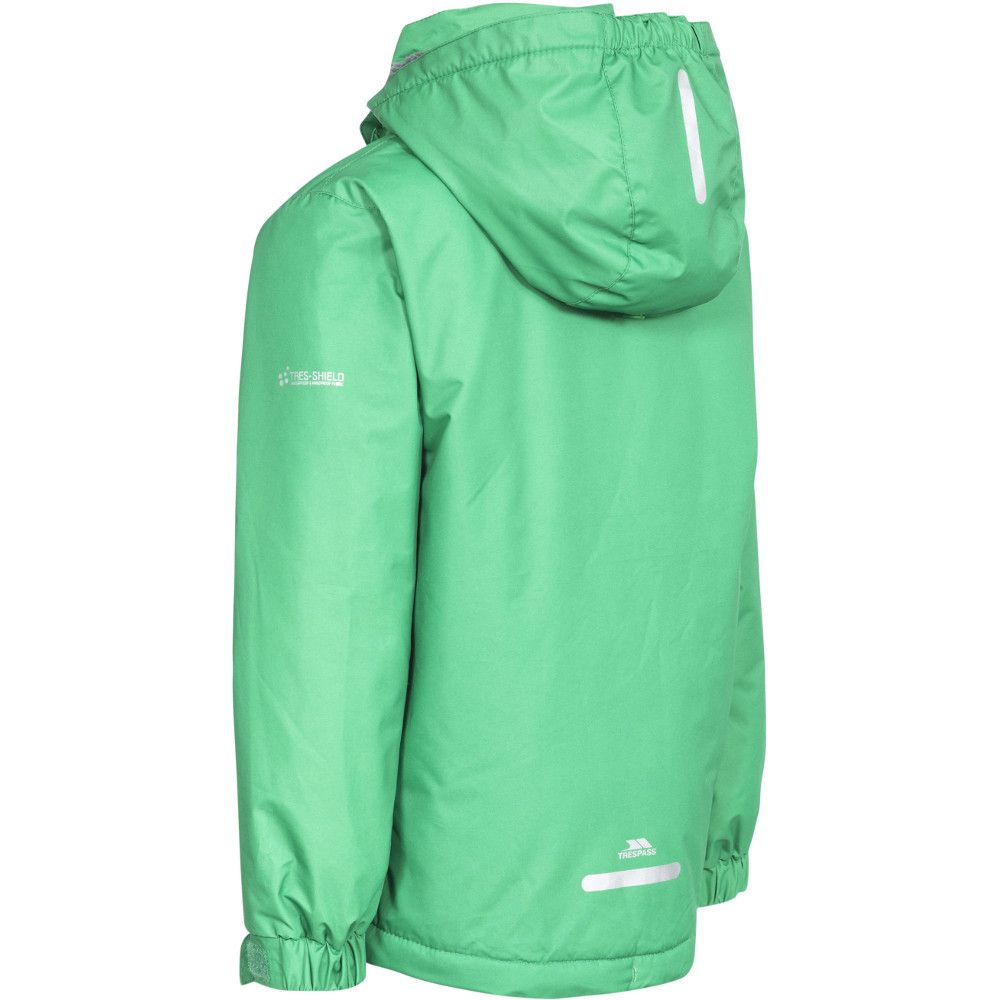 Waterproof up to 3,000mm; Windproof; Taped Seams. Padded. Removable Hood. 2 Zip Pockets. Reflective Strip on Back.
