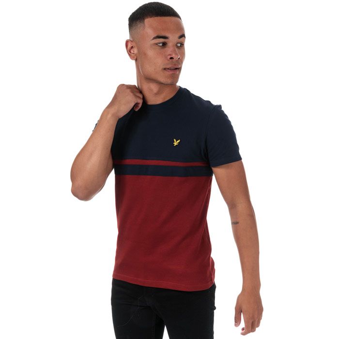 Mens Lyle And Scott Panel Stripe T-Shirt in navy - brick red.<BR><BR>- Ribbed crew neck.<BR>- Short sleeves.<BR>- Two-colour block stripe design in contrast fabrics.<BR>- Cotton piqué fabric at upper body and sleeves; cotton jersey fabric at lower body.<BR>- Embroidered logo at left chest.<BR>- Woven herringbone back neck tape.<BR>- 100% Cotton. Machine washable.<BR>- Ref: TS1202VZ757