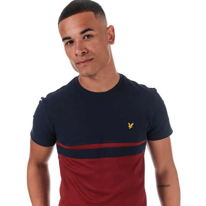 Mens Lyle And Scott Panel Stripe T-Shirt in navy - brick red.<BR><BR>- Ribbed crew neck.<BR>- Short sleeves.<BR>- Two-colour block stripe design in contrast fabrics.<BR>- Cotton piqué fabric at upper body and sleeves; cotton jersey fabric at lower body.<BR>- Embroidered logo at left chest.<BR>- Woven herringbone back neck tape.<BR>- 100% Cotton. Machine washable.<BR>- Ref: TS1202VZ757
