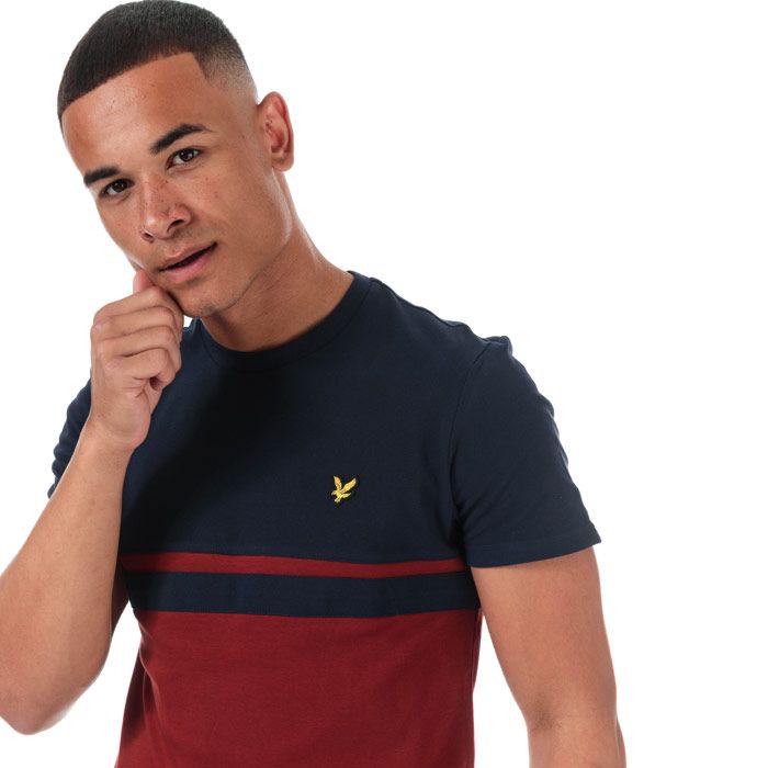 Mens Lyle And Scott Panel Stripe T-Shirt in navy - brick red.<BR><BR>- Ribbed crew neck.<BR>- Short sleeves.<BR>- Two-colour block stripe design in contrast fabrics.<BR>- Cotton piqué fabric at upper body and sleeves; cotton jersey fabric at lower body.<BR>- Embroidered logo at left chest.<BR>- Woven herringbone back neck tape.<BR>- 100% Cotton. Machine washable.<BR>- Ref: TS1202VZ757