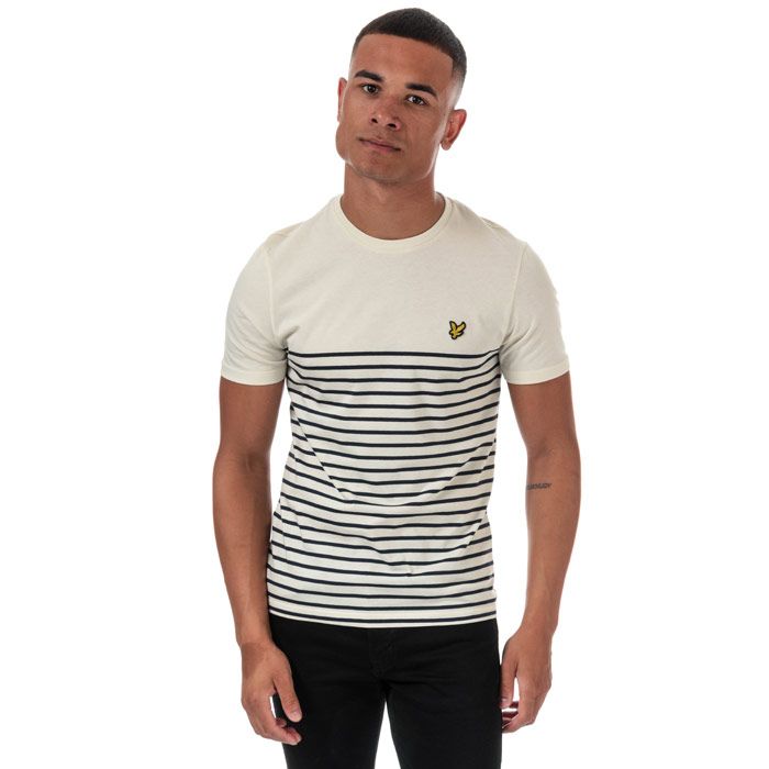 Mens Lyle And Scott Breton Stripe T-Shirt in seashell white - navy.<BR><BR>- Ribbed crew neck.<BR>- Short sleeves.<BR>- Breton stripe design.<BR>- Embroidered eagle logo at left chest.<BR>- Woven herringbone back neck tape.<BR>- Soft  lightweight cotton jersey fabric.<BR>- 100% Cotton. Machine washable.<BR>- Ref: TS700MMZ938