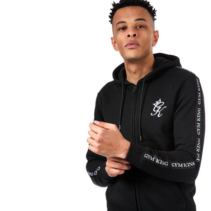 Mens Gym King Tapered Zip Through Tracksuit Top in Black White.<BR><BR>- Adjustable drawcord hood.<BR>- Drawcord with branded aiglets.<BR>- Full zip fastening.<BR>- Long sleeve with ribbed cuffs.<BR>- Tonal taped sleeve detail with Gym King word logo.<BR>- Stretch ribbed waist band.<BR>- Pouch style front pockets.<BR>- GK logo embroidered to chest.<BR>- Shoulder to hem 27in approximately.<BR>- 70% Cotton  30% Polyester. Machine Washable.<BR>- Ref: TST0596<BR><BR>Measurements are intended for guidance only.