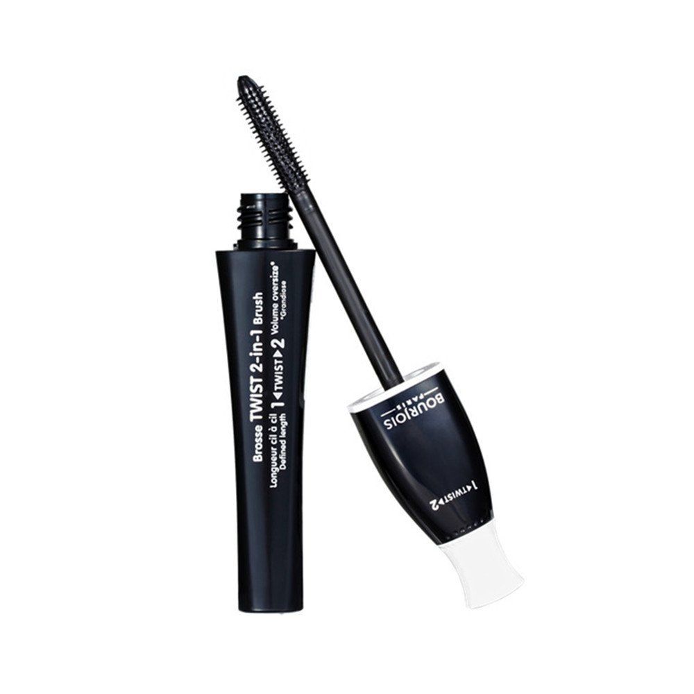 1 transformable brush. 2 results: DEFINED LENGTH + OVERSIZED VOLUME. Use position 1 to lengthen and separate lashes and then use position 2 to volumise and intensify lashes. Bourjois tip: Apply an extra coat of mascara to the outer corners of the top lashes for a wide-eyed look
