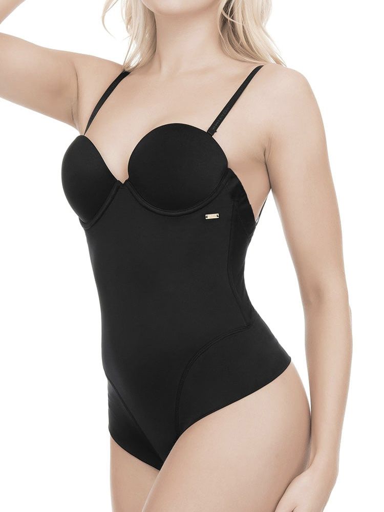 The Ultimo Low Back Body is the best solution for your favourite tight clothing.  Extra smooth material creates an invisible look.  Removable gel padding gives you a great push up effect boosting your cleavage.  Finished with a sexy thong so will be invisible under trousers or tight dresses.  The multiway straps allow you to wear this five separate ways: Halterneck, Conventional, Criss-cross, One shoulder and Strapless.  Plus extra clear straps make this the ultimate solution piece for plunge and low back styles.  Whether you are looking for a bodysuit for the evening, day  or bridal, this is a  must have in your lingerie collection! **PLEASE NOTE: The removeable gel padding is included up to sizes 32DD/34D/36C/38B**