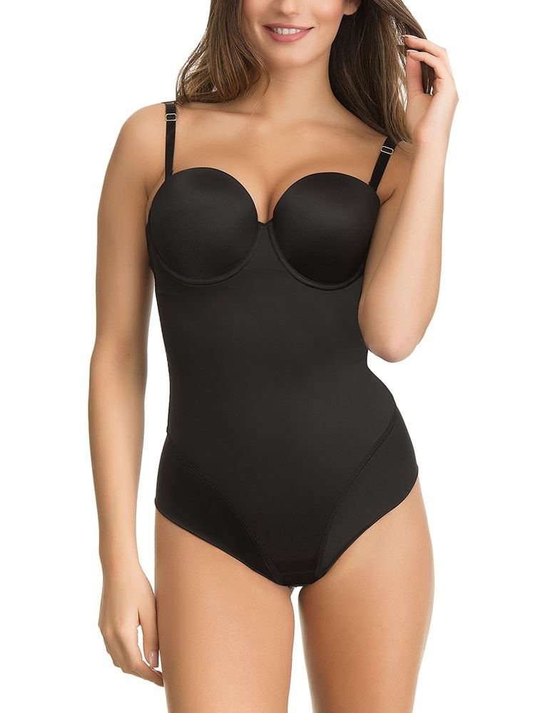This underwired Miracle bodysuit by Ultimo is the absolute best solution for all your tight clothing.  The extra smooth fabric creates an invisible look under your clothes whilst the structure of the body will smooth out any lumps or bumps.  The foam padded balcony cups will provide all day comfort and will offer a natural rounded shape and uplift.  The thong back is no VPL (visible panty line) and secures at the bottom with three poppers.  The adjustable straps are multiway for versatility.  It can be worn conventional, halterneck or criss-cross.  This stunning low back bodysuit is a must have in your lingerie collection.