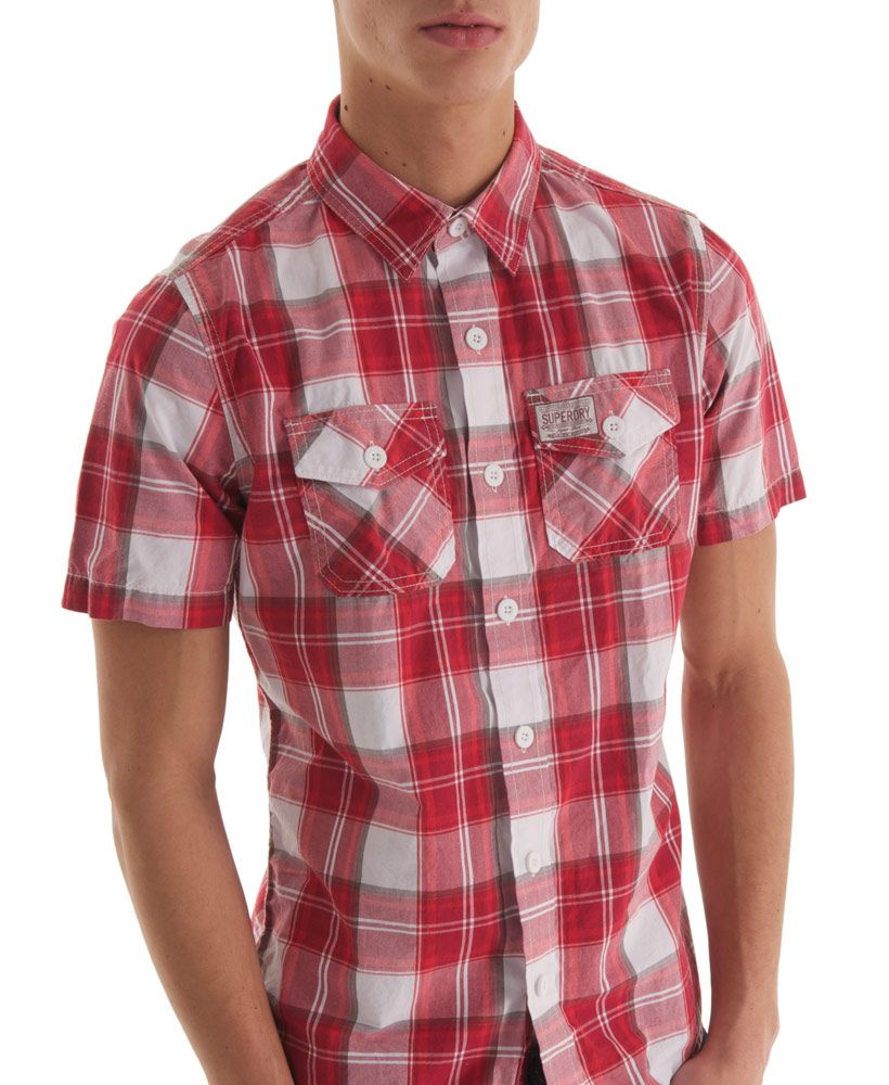 Superdry men's Washbasket check shirt.  A short-sleeved check shirt in soft cotton, featuring twin chest pockets and a Superdry pocket logo patch.