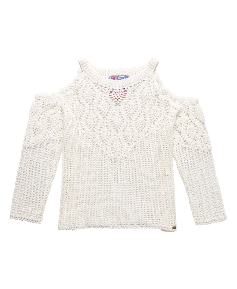 Superdry women's Feather Crochet knitted top. A delicate open knit top with cut out shoulders creating an off-the-shoulder look. The Feather Crochet top has a crew-style neckline with a shell-patterned upper panel and waffle patterned lower and back panels. The top is finished with a subtle metal Superdry logo badge above the hem. Model wears: Small Model height: 5’ 11” (175cm)