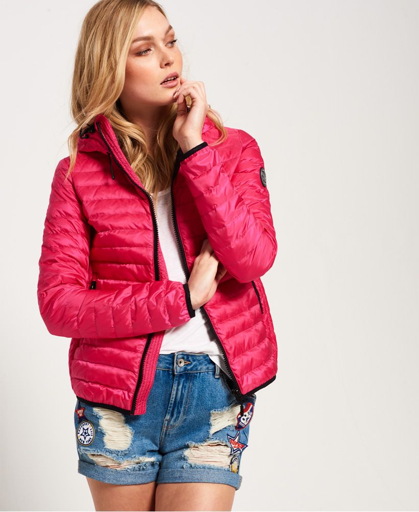 Superdry women’s Core down hooded jacket. This lightweight, down and feather quilted jacket is the perfection transitional wardrobe piece and features an elasticated hood, cuffs and hem, zip fastening and two front pockets. The Core down hooded jacket is finished with branded zip pulls and a rubber Superdry logo badge on one sleeve.Model wears: 10/Small Model height: 5’11” (181cm) Model chest size: 31