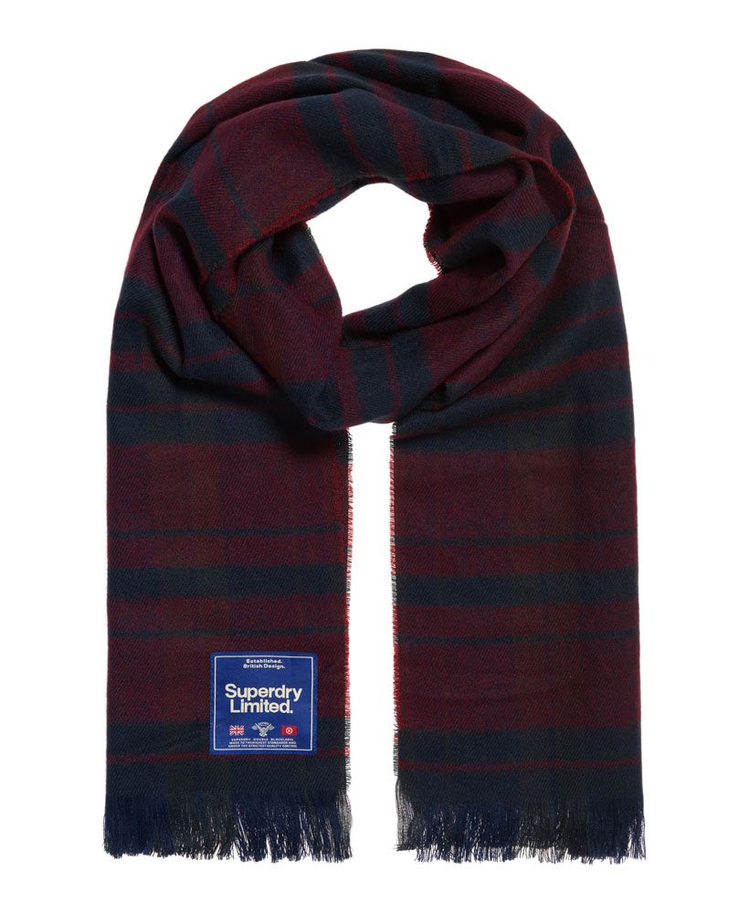 Superdry women's Capital Scarf. A lightweight scarf featuring a tri colour tartan style pattern all over, frayed ends and is finished with a large Superdry Limited logo patch on one end.
