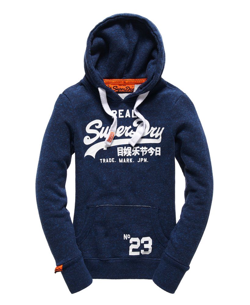 Superdry women's Vintage Logo Hoodie. An over-the-head style hoodie featuring a cracked print version of the iconic Real Superdry logo across the chest, a front pouch pocket and a drawstring hood. The hoodie is finished with a Vintage Superdry logo tab on the cuff and a signature orange stitch in the side seam.Model wears: Small Model height: 5’ 10” (178cm)