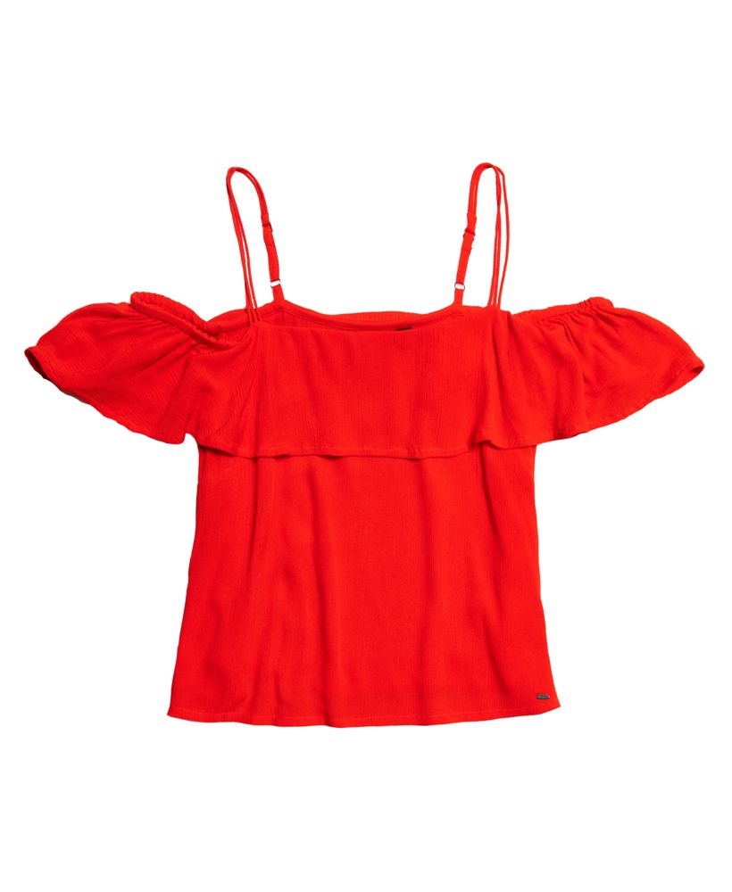Superdry women's Peekaboo Palm cami top. This cute cami top features short layered sleeves in an off-the-shoulder design with small adjustable straps. This top is finished with a subtle metal Superdry logo tab above the hem.Model wears: Small Model height: 5’ 9” (175cm)