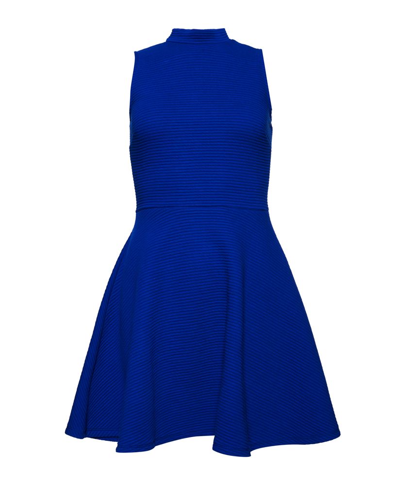 Superdry women's Erin Racer dress. A sleeveless skater dress featuring a ribbed design, a high collar and a back zip fastening. The Erin Racer dress is finished with a subtle metal Superdry logo tab above the hem.Model wears: Small Model height: 5’ 9” (175cm)