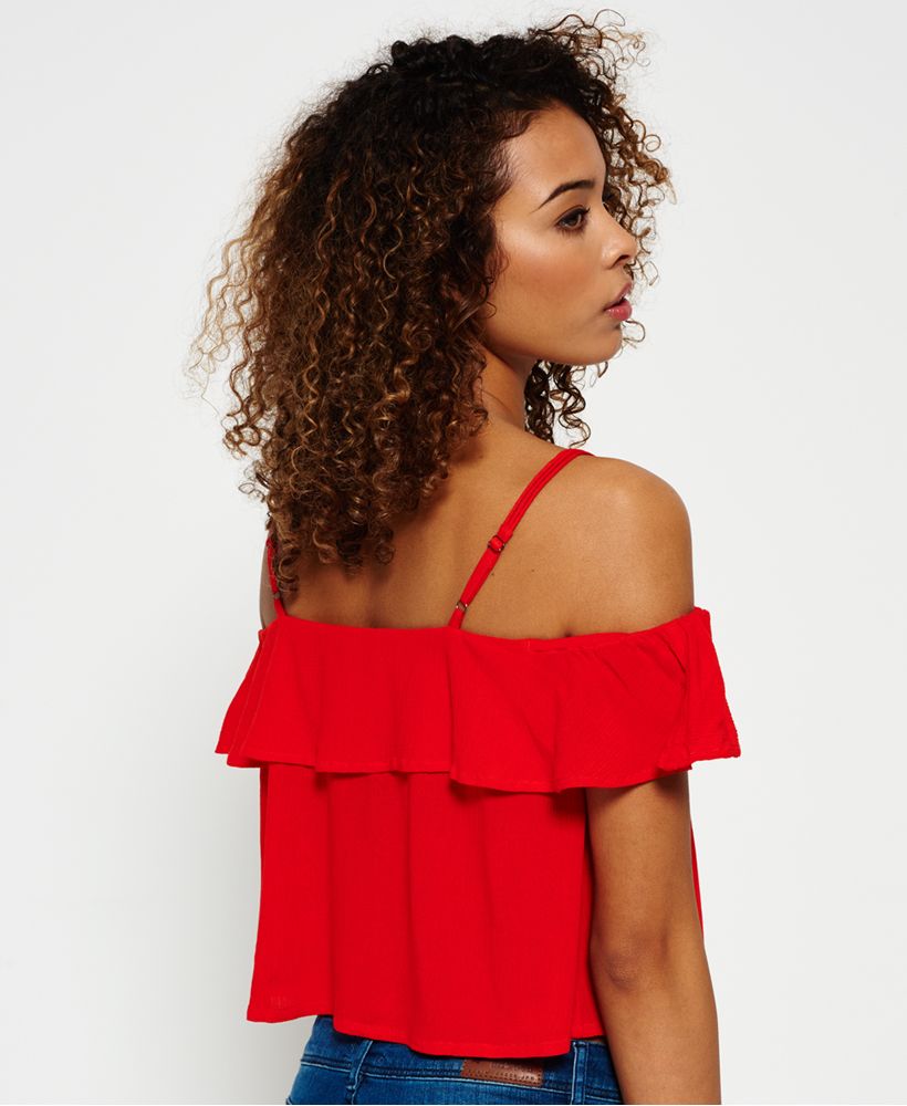 Superdry women's Peekaboo Palm cami top. This cute cami top features short layered sleeves in an off-the-shoulder design with small adjustable straps. This top is finished with a subtle metal Superdry logo tab above the hem.Model wears: Small Model height: 5’ 9” (175cm)