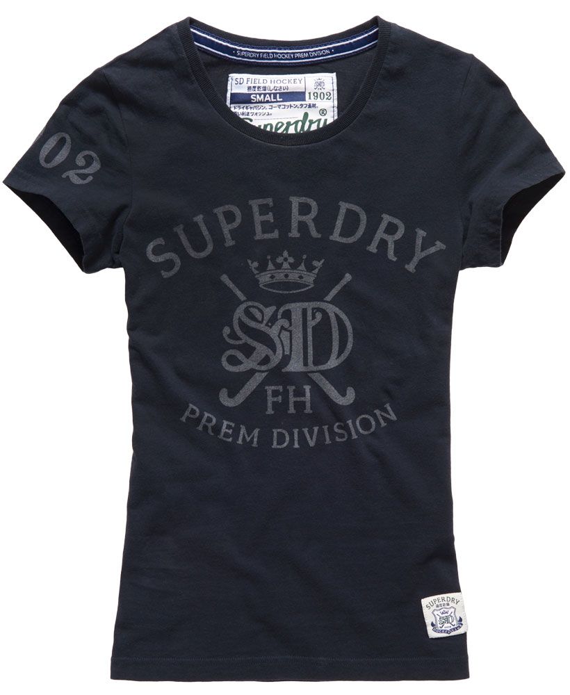 Superdry women's MA Prem Division Hockey t-shirt. This crew neck t-shirt from the Superdry hockey range features faded hockey-inspired prints on the front and sleeve. The t-shirt is finished with a Superdry Hockey Club logo patch above the hem. Model wears: Small Model height: 5’ 10” (178cm)