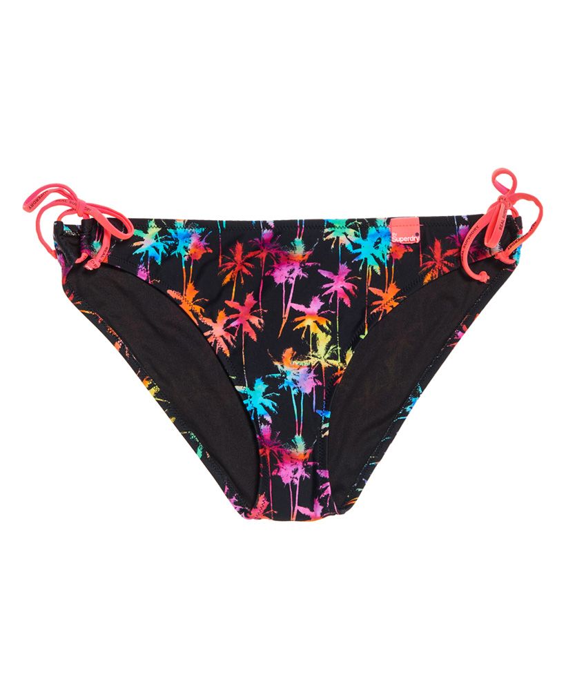 Superdry women’s rainbow tie bikini bottom. A classically designed bikini bottom featuring elasticated tie detailing on the sides, an all over palm tree print and finished with a Superdry logo tab on the hem. Matching top available. 
 Please note due to hygiene reasons, we are unable to offer an exchange or refund on underwear, unless they are sealed in their original packaging. This does not affect your statutory rights.
Model wears: 10/Small  Model height: 5’ 9” (175cm)