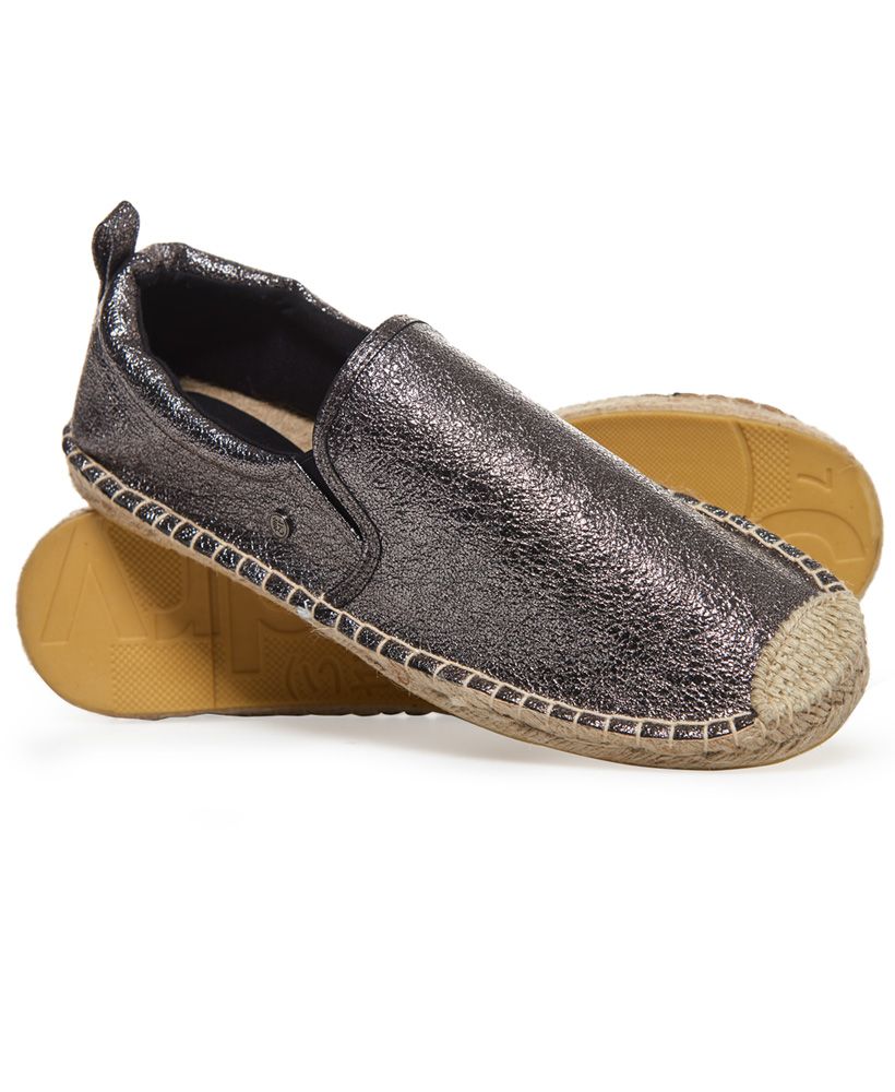 Superdry women’s Liora espadrilles. A classically designed espadrille featuring a heel pull tab, toe reinforcement stitching and finished with a small, metal Superdry logo badge on the side of the shoe.