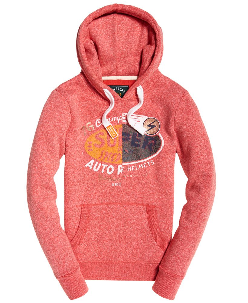 Superdry women’s Gasoline splice hoodie. This overhead hoodie features a drawcord adjustable hood, a spliced, cracked effect Superdry logo design across the chest and a front pouch pocket. The Gasoline splice hoodie is finished with a signature orange stitch in the right side seam and a Superdry logo tab in the left side seam.