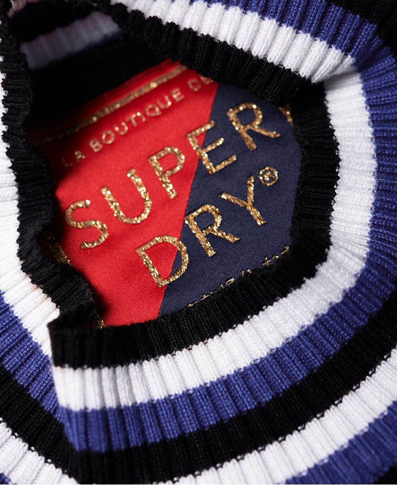 Superdry women's Sporty striped ribbed knitted dress.Perfect for this season this dress features an all over striped design, short sleeves and is finished with a metal Superdry logo badge above the hem.