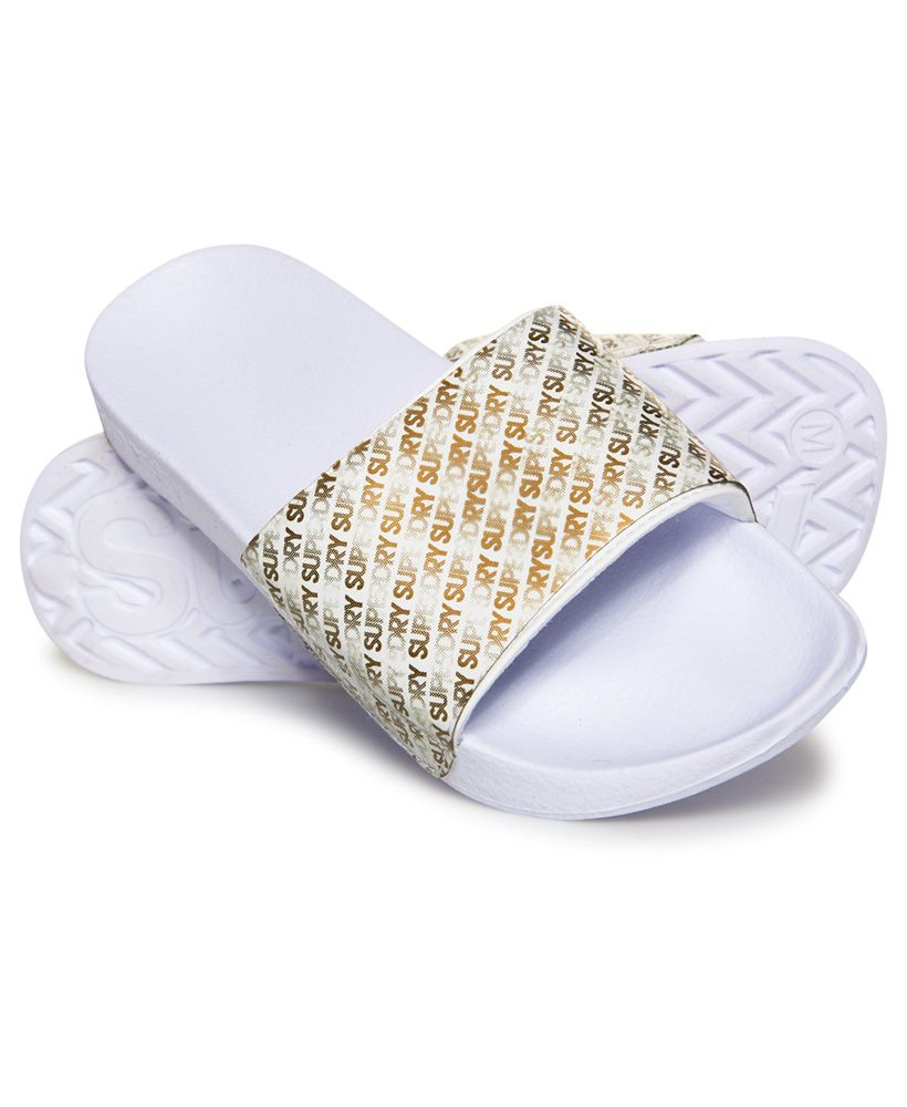 Superdry women’s Repeat Jelly pool sliders. These sliders feature a wide strap with a repeating all over Superdry print and moulded sole for added comfort and are finished with an embossed Superdry logo on the side of the sole.S - UK 3-4, EU 36-37, US 5-6M - UK 5-6, EU 38-39, US 7-8L - UK 7-8, EU 40-41, US 9-10