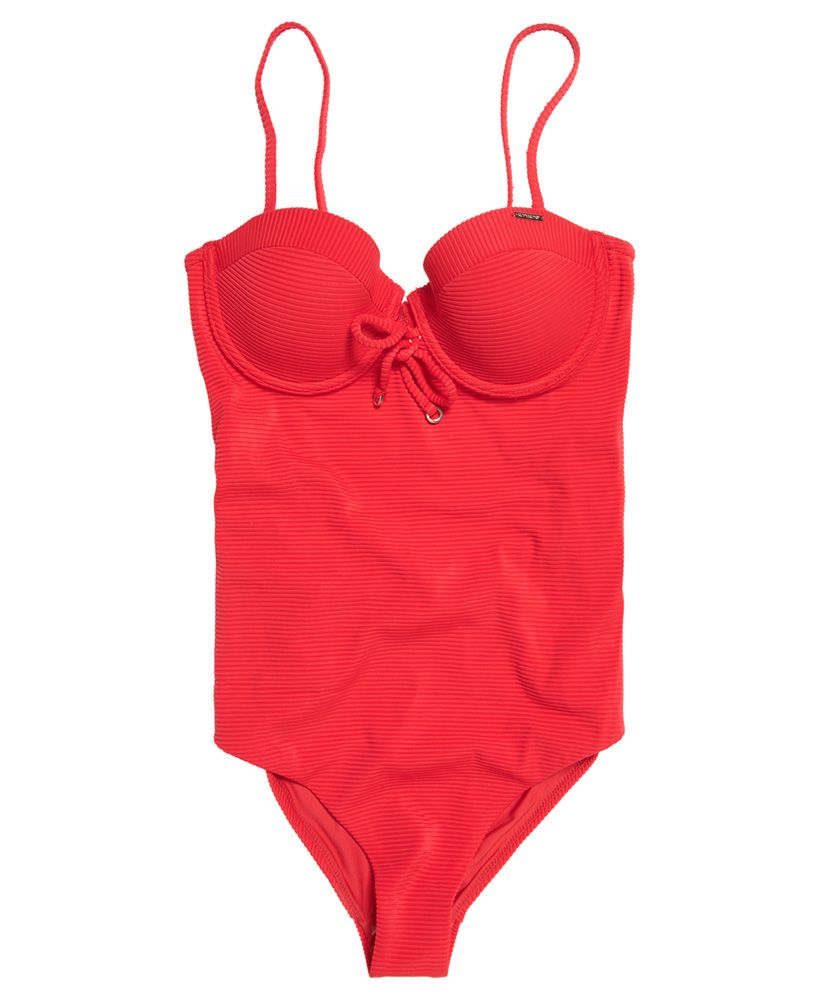 Superdry women's Alice textured cupped swimsuit. Make a splash in style this season with the Alice textured cupped swimsuit. This swimsuit features knot detailing at the front, adjustable, detachable shoulder straps and a rear clasp fastening. This swimsuit is completed with a logo badge on the cup.Please note due to hygiene reasons, we are unable to offer an exchange or refund on swimwear, unless they are sealed in their original packaging. This does not affect your statutory rights.