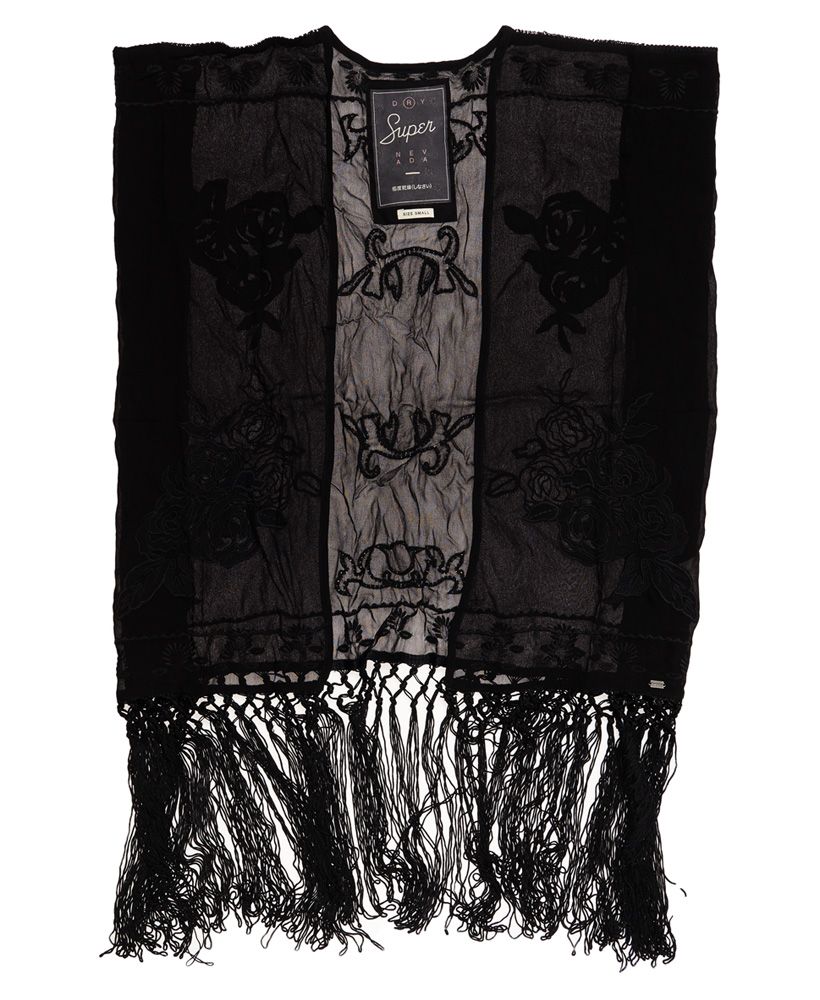 Superdry women's Vintage Folk Stitch kimono top. A great piece for layering, this kimono top features short sleeves, an all over embroidered design and is completed with a fringed hem.