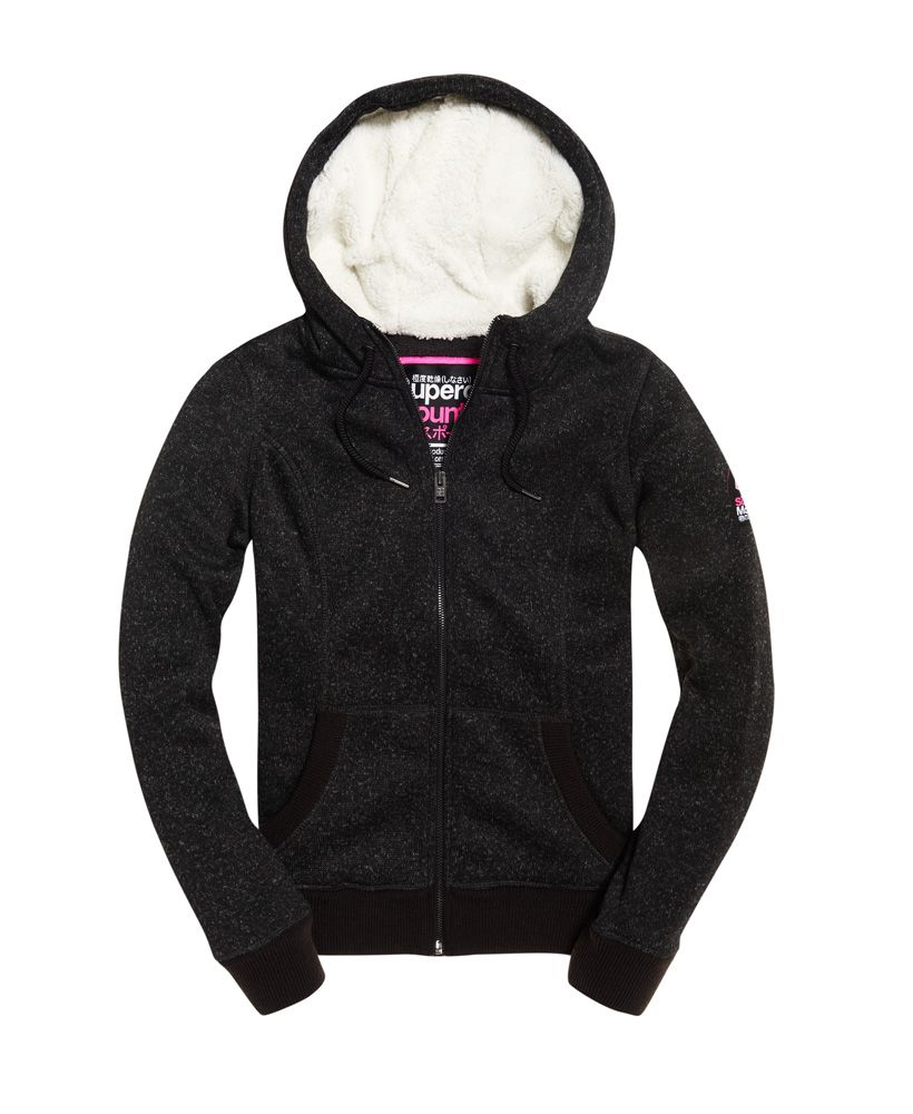 Superdry women's Storm zip hoodie. Stay warm this season thanks to the Storm zip hoodie, with a drawstring, fleece lined hood, zip fastening and two front pockets. The hoodie is completed with a logo badge on the sleeve.