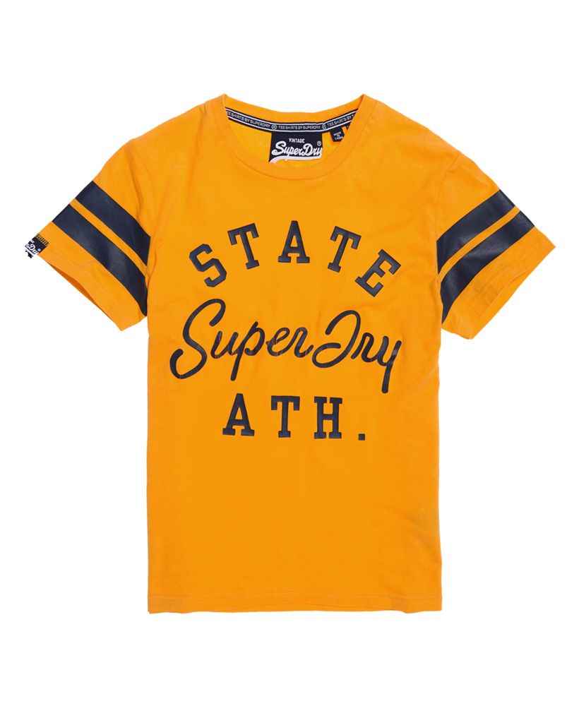 Superdry women’s Varsity State t-shirt. A classically styled crew neck t-shirt featuring a cracked effect Superdry State logo across the chest and finished with acrylic stripe detailing on the sleeves.Relaxed fit