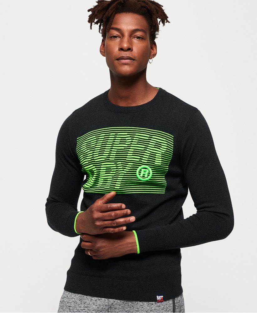 Superdry men's Speed logo crew jumper. This lightweight crew jumper features a large logo graphic on the chest and is completed with a logo tab on the hem. Style with jeans and trainers for an easy, off-duty look.