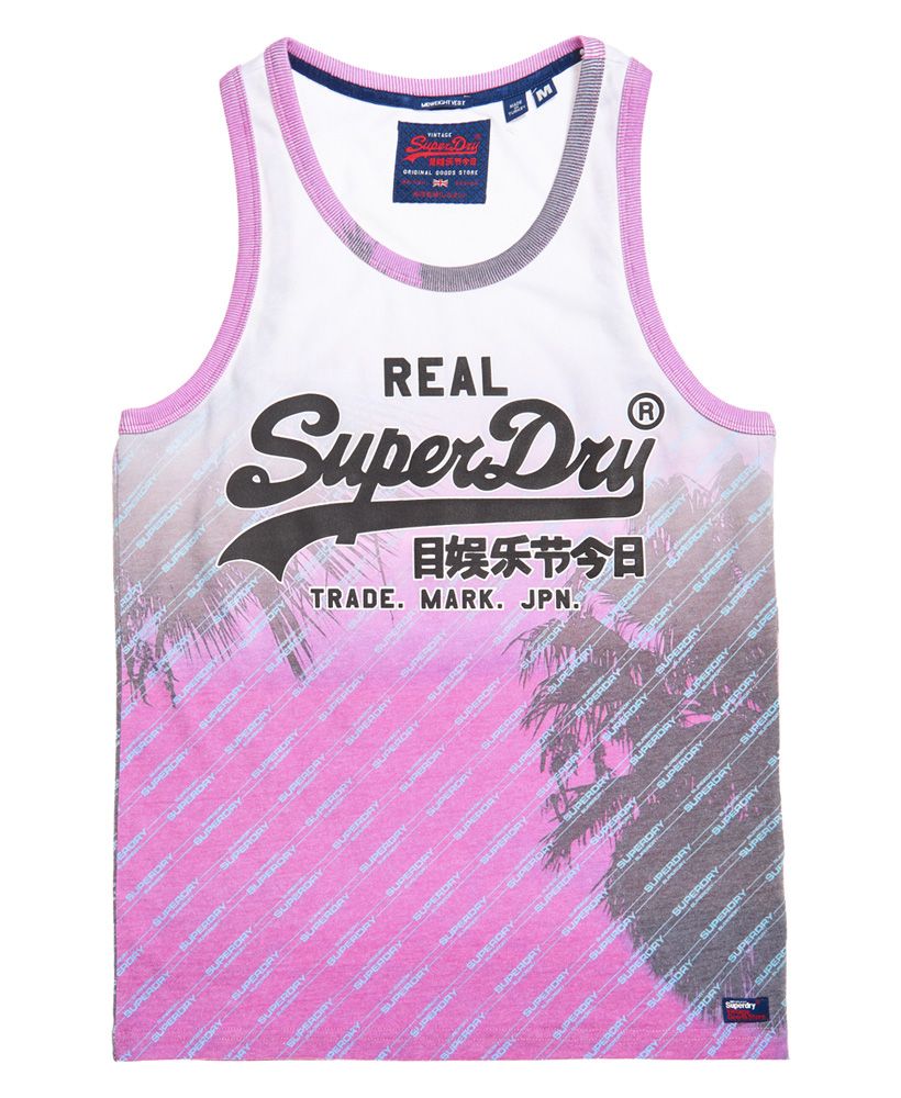 Superdry men's Vintage Logo photographic vest. Featuring a high build version of the iconic Superdry logo over an all-over photographic print, this vest top can be your wardrobe go-to this summer. Layer up or use as your statement piece.