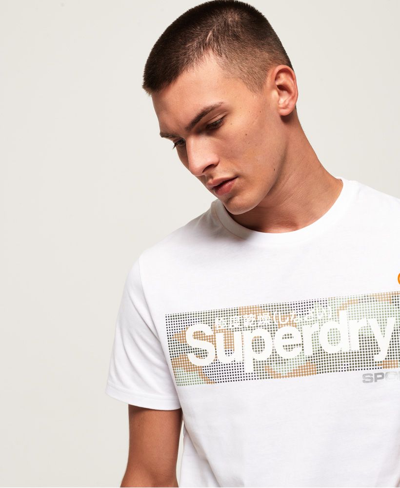 Superdry men's Camo Box t-shirt. The perfect new addition to your sports wardrobe this t-shirt has been designed with four-way stretch and moisture wicking technology to allow dynamic movement and keep you dry and cool during your workout. This classic style t-shirt features a crew neck, short sleeves and a textured Superdry logo across the chest. Completed with a Superdry logo badge above the hem.Boxy: A structured loose fit, allowing full range of movement and strong sense of style