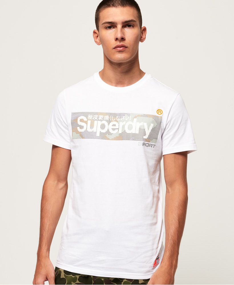 Superdry men's Camo Box t-shirt. The perfect new addition to your sports wardrobe this t-shirt has been designed with four-way stretch and moisture wicking technology to allow dynamic movement and keep you dry and cool during your workout. This classic style t-shirt features a crew neck, short sleeves and a textured Superdry logo across the chest. Completed with a Superdry logo badge above the hem.Boxy: A structured loose fit, allowing full range of movement and strong sense of style