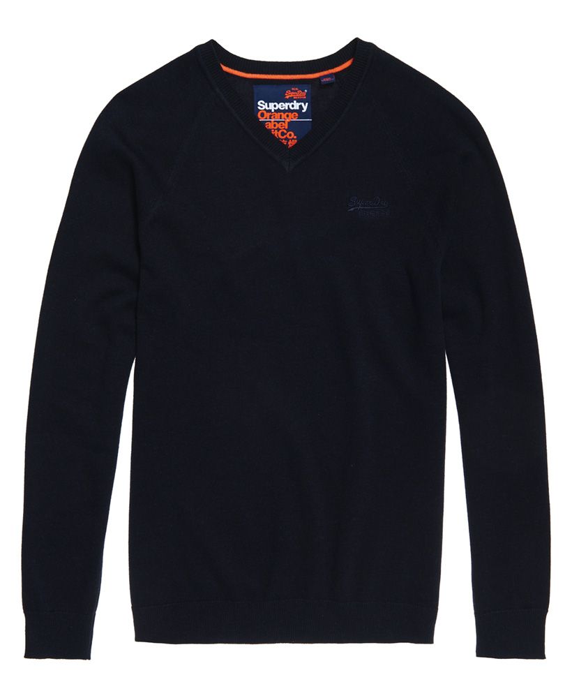 Superdry men's Cotton vee neck jumper from the Orange Label range. This lightweight vee neck jumper features long sleeves, a ribbed collar, cuffs and hem and is finished with an embroidered Superdry logo on the chest.