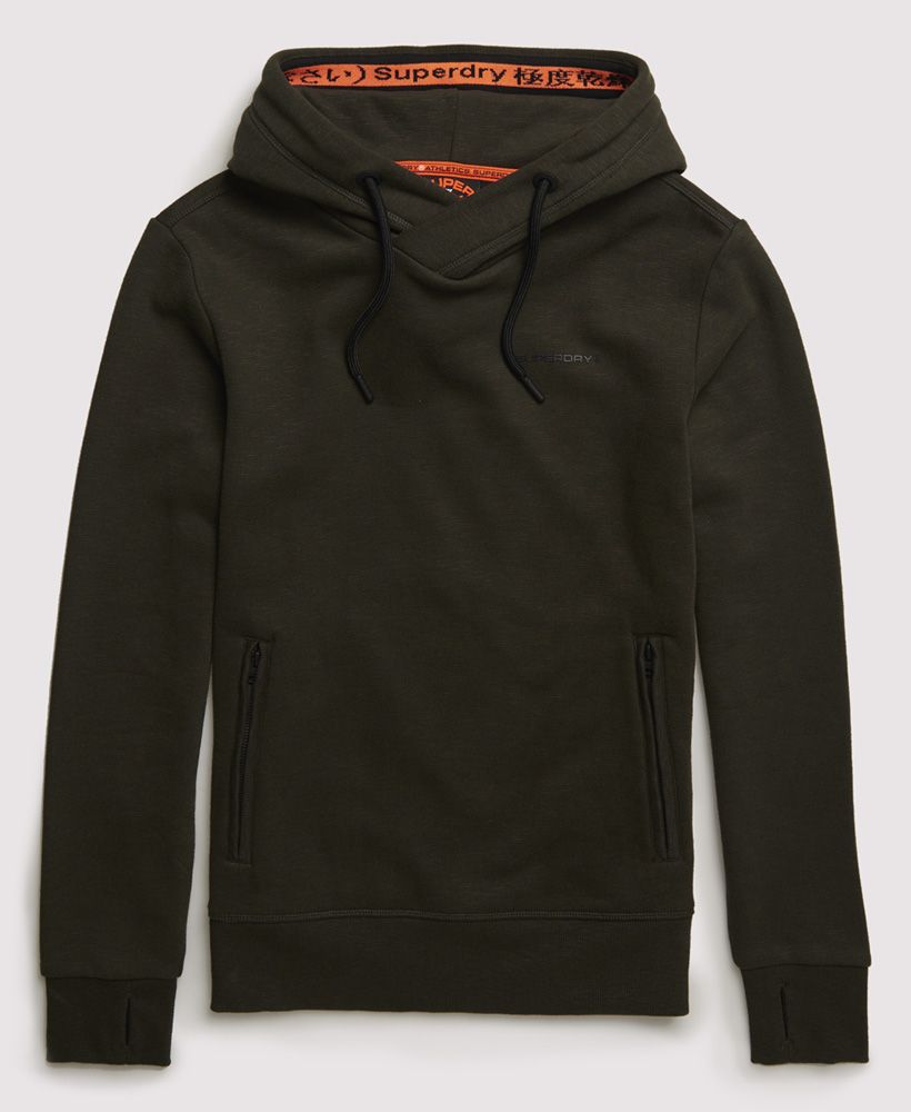 Superdry men's Urban Athletic overhead hoodie. This hoodie features a drawstring hood, ribbed cuffs with thumbholes, ribbed hem and a rubber Superdry logo on the chest. Completed with a front pouch pocket with two zip fastenings and a super soft lining, perfect for the cooler days.Slim fit