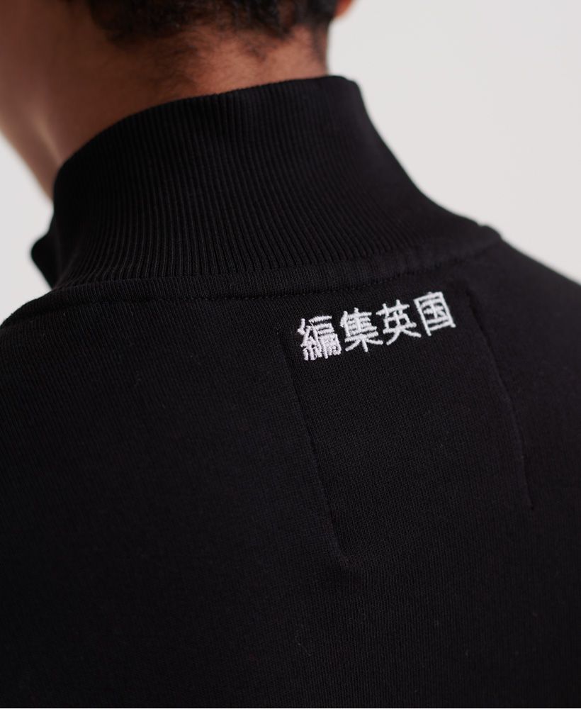 Superdry women's Edit quarter-zip sweat dress. This sweat dress features a quarter zip fastening, long sleeves, two side seam pockets and a ribbed neckline and cuffs, all finished with a simple Superdry logo print across the chest, embroidered characters below the neckline and a Superdry Edit logo above the hemline.