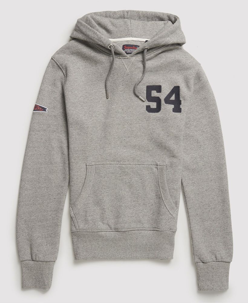 Superdry men's Classic Varsity Pennant hoodie. This hoodie features ribbed cuffs and hem, a large front pocket and a drawstring hood. Complete with embroidered numbers on the chest and an embroidered Superdry logo badge on one sleeve.Slim fit