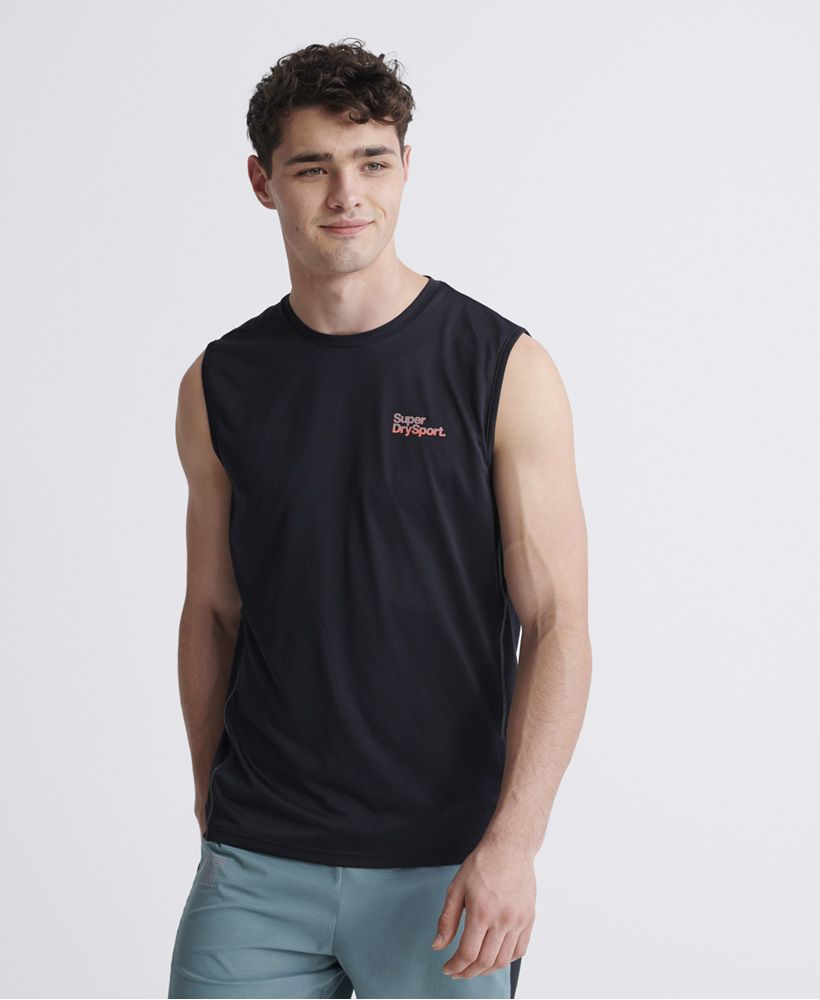 Superdry men's Training tank top. Part of our Superdry Sports range this tank top features quick dry fabric that enables you to stay cool and dry while you train, and flatlock reflective seams letting you train comfortably for longer. Finished with reflective Superdry Sports logos on the chest and back.