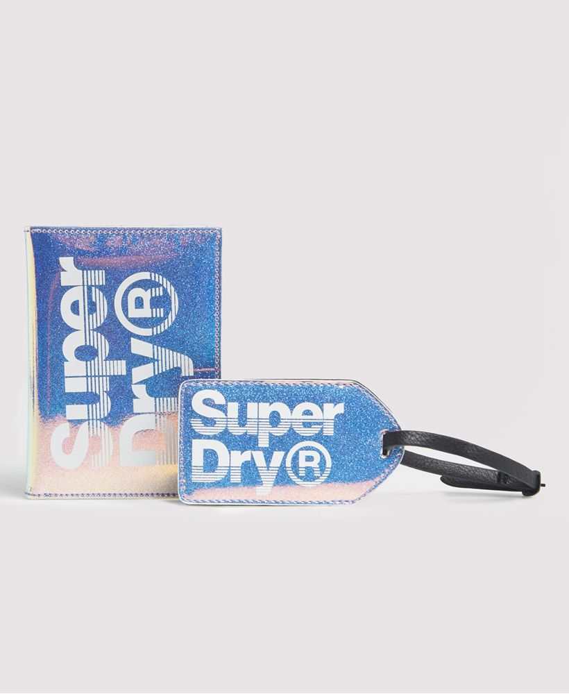 Superdry Passport Holder and Luggage Label. Travel in style this season with this vibrant passport holder and luggage tag set. These are complete with a Superdry graphic across the front, two internal slots to hold passport cover and sleeve for luggage label on the tag. 