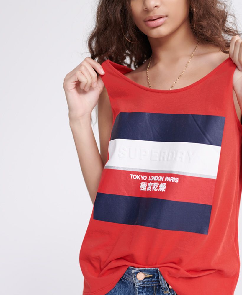 Superdry women's Stripe Block classic vest top. This vest features two classic straps, a scoop neck and a large printed Superdry graphic on the chest.