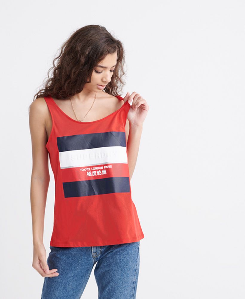 Superdry women's Stripe Block classic vest top. This vest features two classic straps, a scoop neck and a large printed Superdry graphic on the chest.