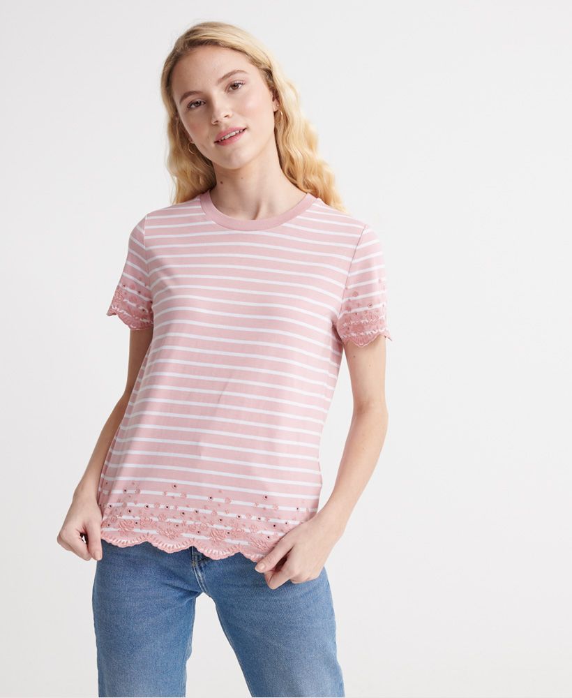 Update your t-shirt collection with something a bit different. You'll look gorgeous in this short sleeved tee with embroidered detailing designed to give you that little extra something.Short SleevesCrew NecklineStripedLettuce TrimEmbroidered DetailingSignature Logo Badge
