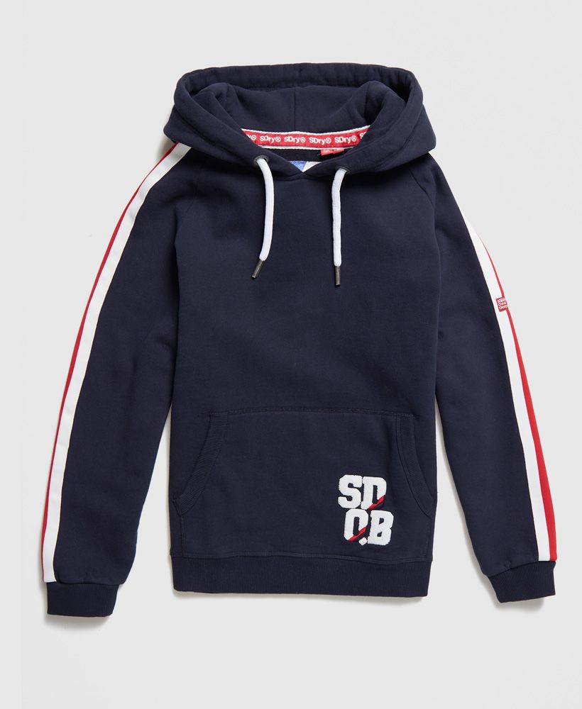 Superdry women's SDQB super race hoodie. Wrap up in this hoodie featuring a fleece lining, front pouch pocket, drawstring hood, stripe detailing down both sleeves and ribbed cuffs and hem. Finished with a textured Superdry logo on the front pocket and hood and a Superdry logo patch on one sleeve.XS/S = 8-10M/L = 12-14