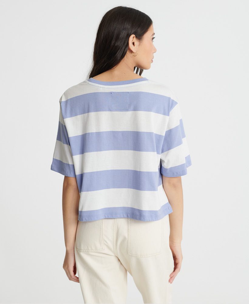 Superdry women's Harper stripe boxy t-shirt. This boxy tee features short sleeves, a crew neckline, and a striped design. Finished with an embroidered Superdry logo on the chest, and an embroidered Superdry logo badge on the hem.