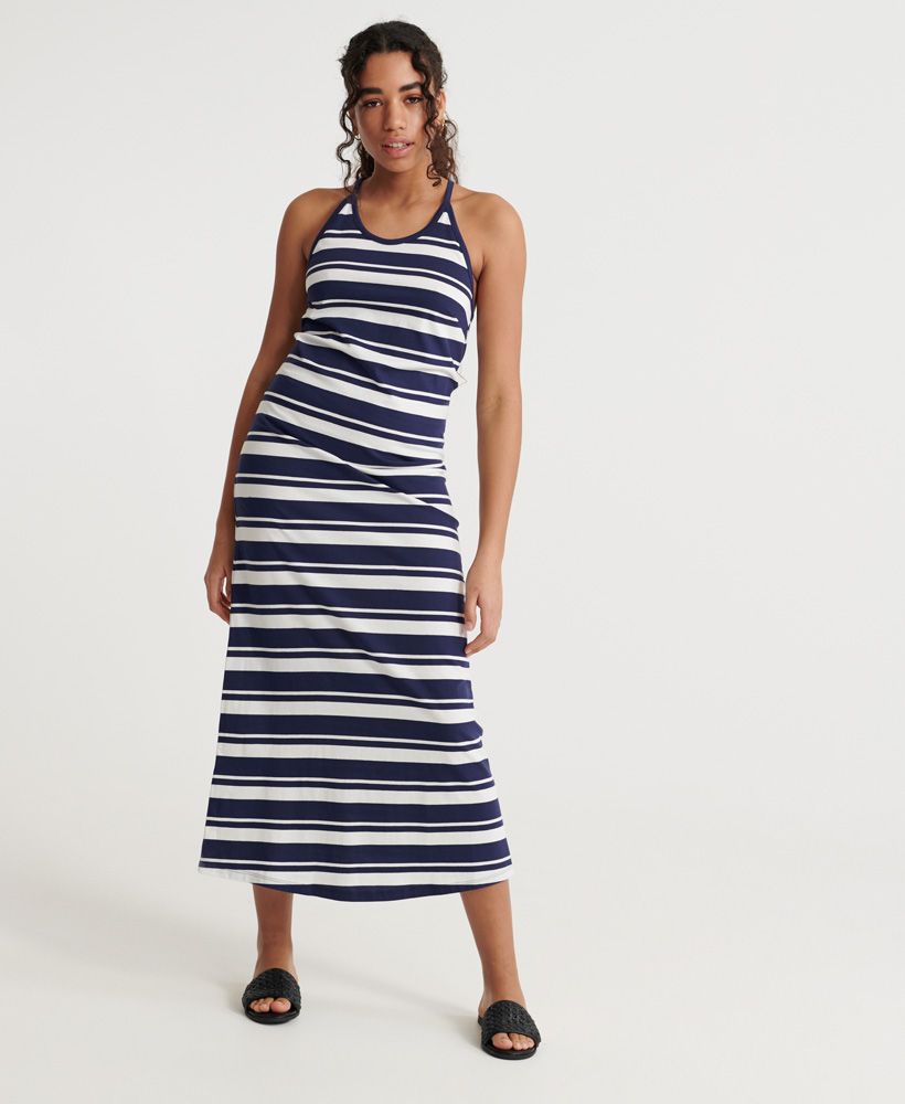 Superdry women's Summer stripe maxi dress. This maxi dress features a racer style back with crochet detailling, spaghetti straps and an all over striped design. Finished with a Superdry logo tab on the hemline.