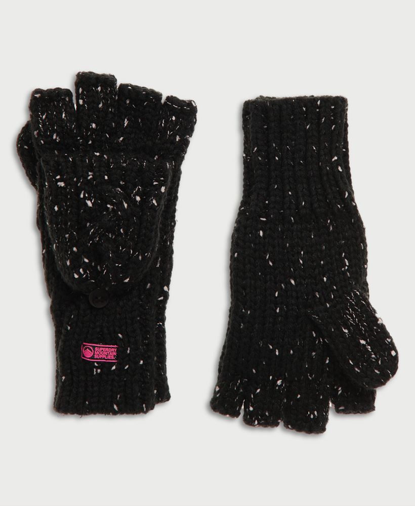 Superdry women's Gracie Cable gloves. Classic fingerless gloves with fold over mitten and button fastening. Finished with a Superdry logo patch on one glove.