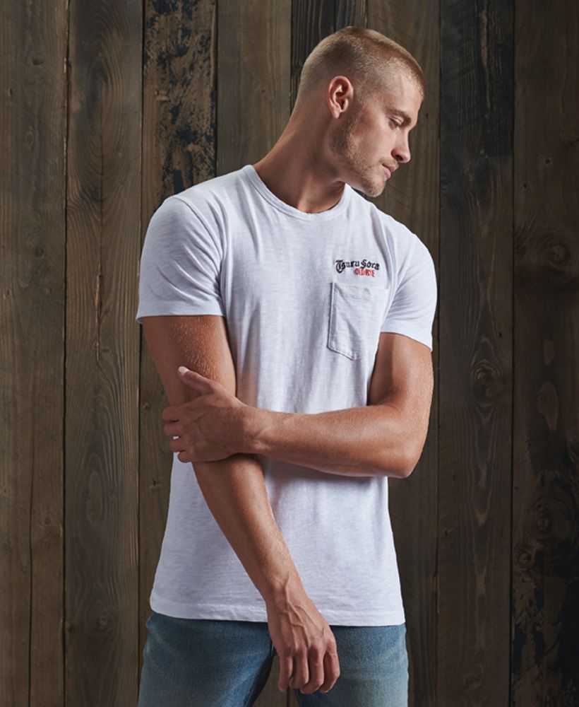 There is always room for one more tee in the wardrobe. Make your next one the Rising sun pocket T-shirt. With a single chest pocket and embroidered detailing this classic tee will look great paired with anything.Relaxed fit – the classic Superdry fit. Not too slim, not too loose, just right. Go for your normal sizeOrganic cottonCrew neckShort sleevesSingle chest pocketEmbroidered detailingSignature logo patchMade with Organic Cotton - Grown using only organic inputs and no artificial chemicals, which leads to improved soil condition, stronger biodiversity and better health among the cotton growers and uses between 60-90% less water to grow. By 2030, all Superdry Cotton will be Organic.
