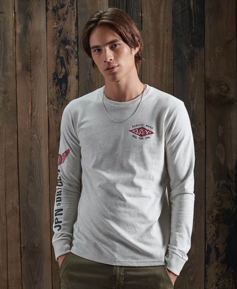 Inspired by the culture and style of lower east side New York, the Live Gig long sleeved tee features printed graphics, ribbed crew neckline and a Superdry logo tab.Slim fit – designed to fit closer to the body for a more tailored lookLong sleeved designRibbed crew necklineRibbed cuffsPrinted graphics designSuperdry logo tabCracked printsSleeve print