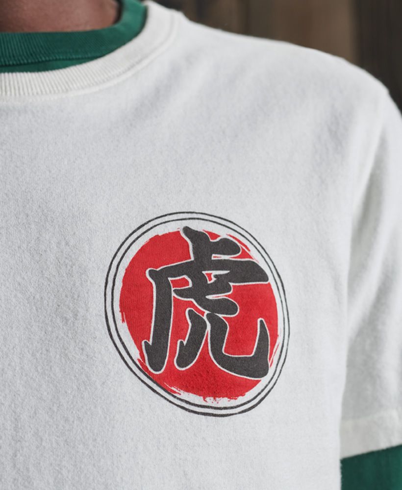 Inspired by Japanese art, this tee is cozy and stylish, and features a bold graphic on the front.Slim fit – designed to fit closer to the body for a more tailored lookShort sleevesCrew necklinePrinted GraphicFeatures a large 'Rising Tiger Custom Cycles' print on the back.