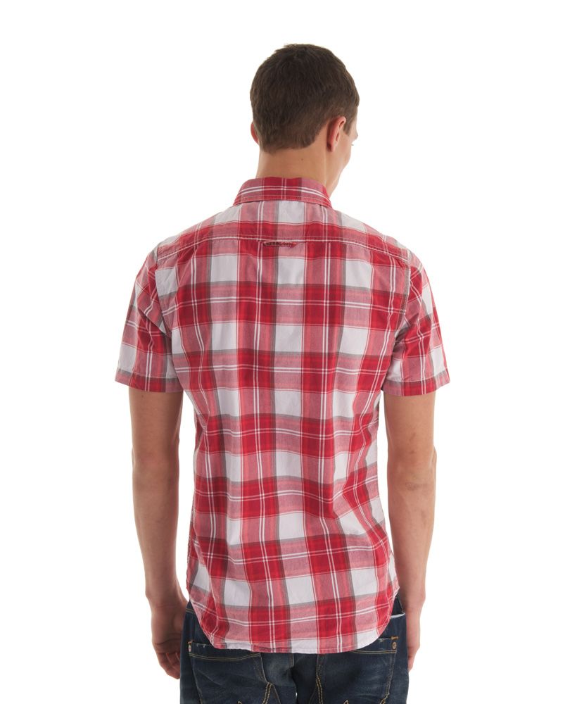 Superdry men's Washbasket check shirt.  A short-sleeved check shirt in soft cotton, featuring twin chest pockets and a Superdry pocket logo patch.
