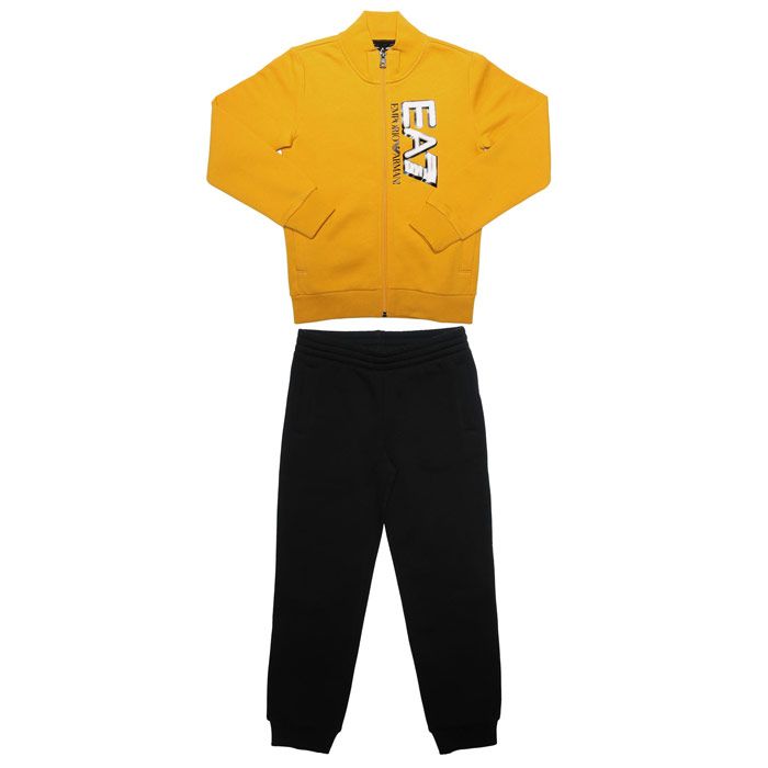 Infant Boys Emporio Armani Tracksuit in yellow.<BR><BR>Top:<BR><BR>- Ribbed collar.<BR>- Full zip fastening.<BR>- Logo print at the chest<BR>- High neck.<BR>- Long sleeves with ribbed cuffs and hem.<BR>- Slip pockets to the sides.<BR>- Main material: 84% Cotton.  16% Elastane.  Machine washable. <BR><BR>Bottoms: <BR><BR>- Elasticated waist with inner drawcord.<BR>- Front pockets.<BR>- Elasticated cuffs.<BR>- Branding to the back of the pants.<BR>- Main material: 84% Cotton.  16% Elastane . Machine washable. <BR>- Ref: V53BJ07Z26BC